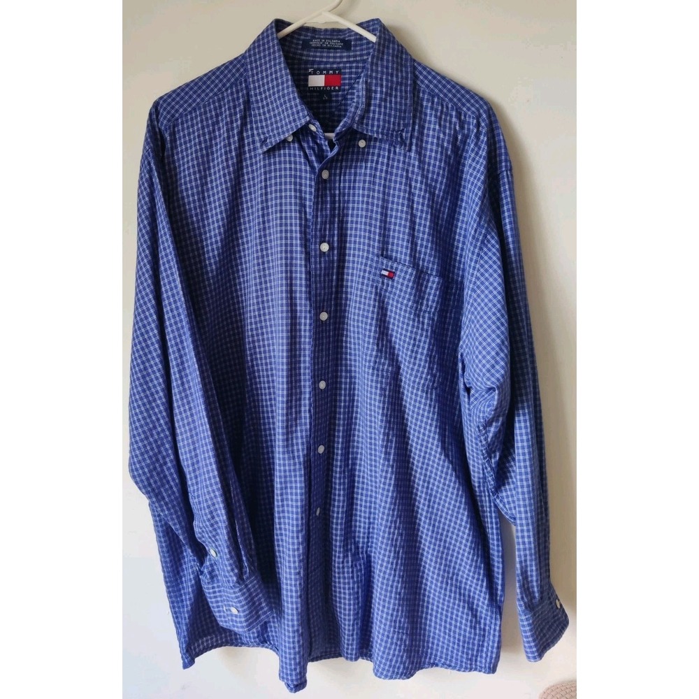 Tommy Hilfiger Men's Button Down Blue/White Plaid Pocket Cotton Blend Size Large